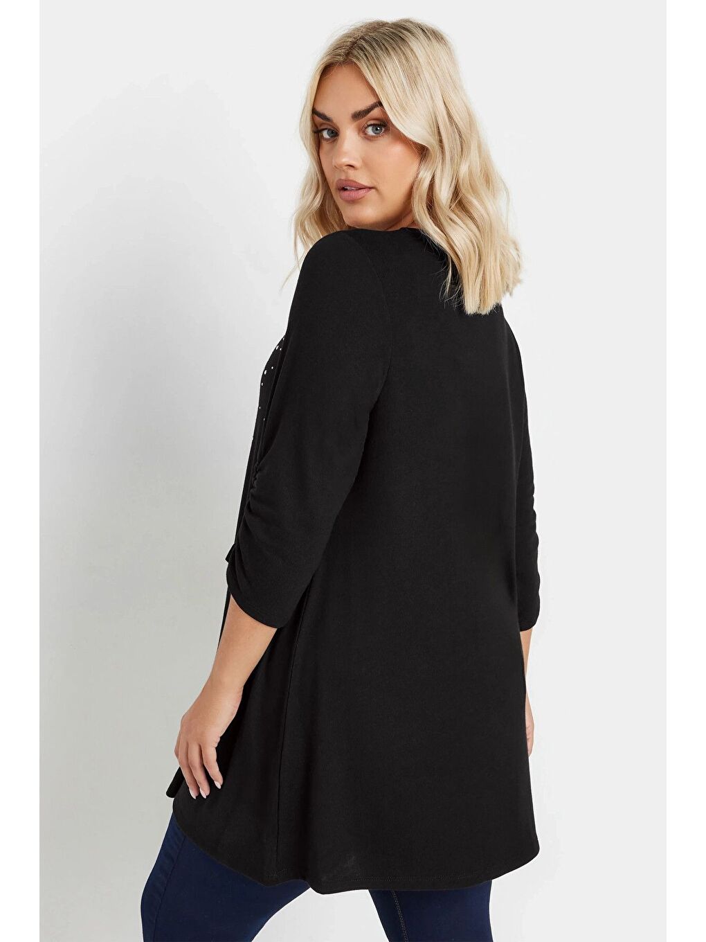 Siyah Büyük Beden V Yakası Taş İşlemeli Kolları Büzgülü Bluz 322223-10