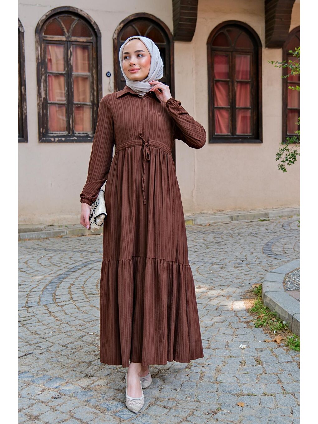 Kahverengi Bel Büzgülü Kadın Tesettür Elbise Acı Kahve-1