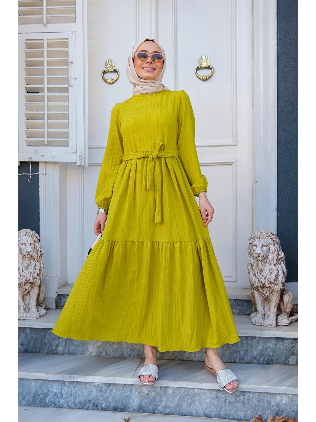 Bel Bağlamalı Kadın Elbise Yağ Yeşili