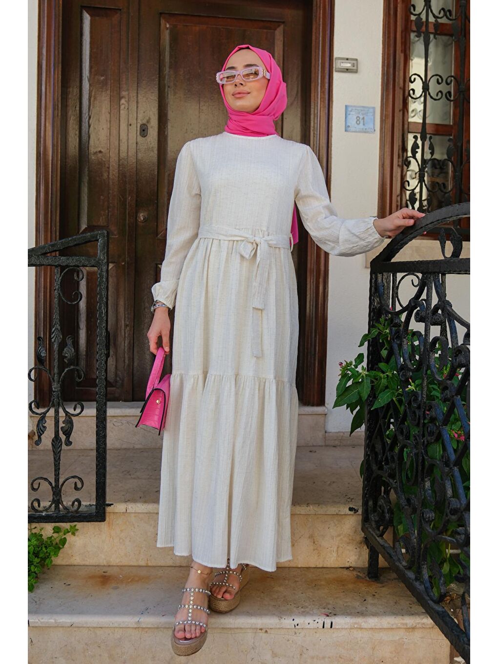 Bel Bağlamalı Kadın Tesettür Elbise Ekru