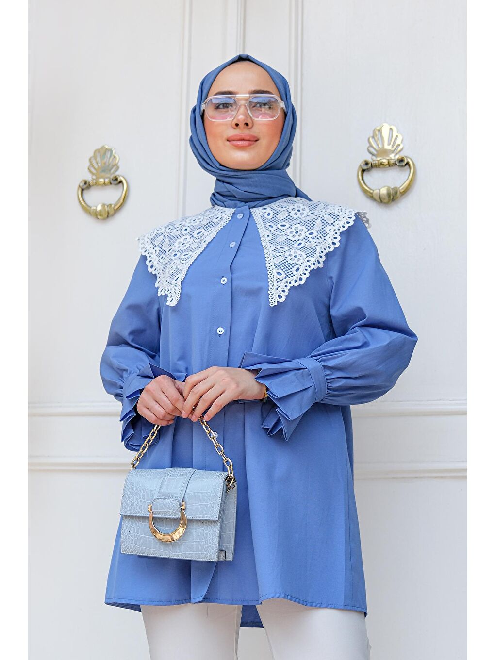 Kadın Dantel Detay Tesettür Kadın Gömlek Mavi