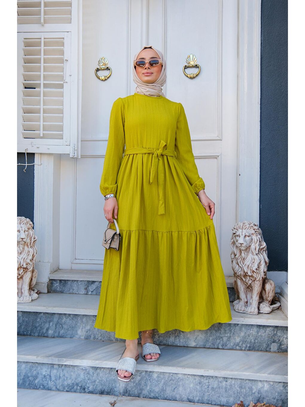 Bel Bağlamalı Kadın Elbise Yağ Yeşili-1