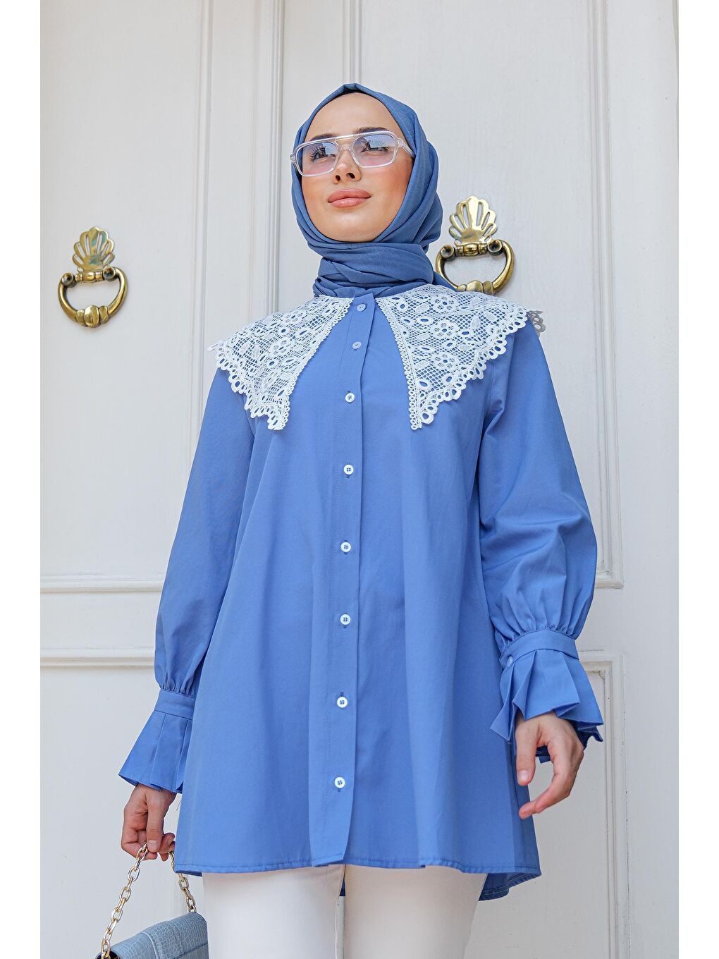 Kadın Dantel Detay Tesettür Kadın Gömlek Mavi-1