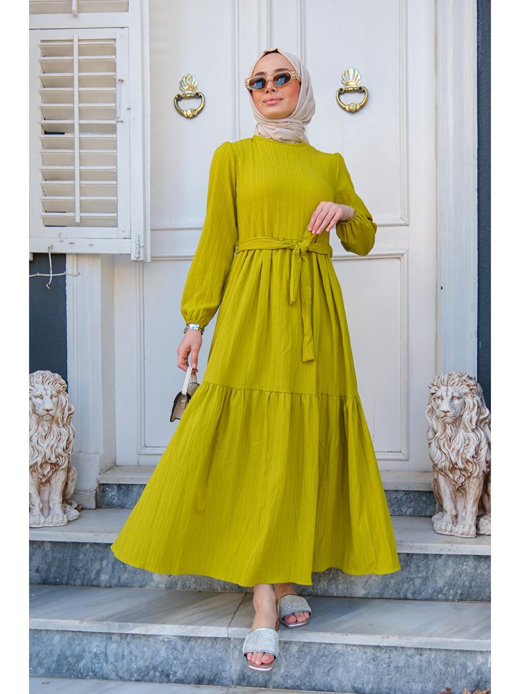 Bel Bağlamalı Kadın Elbise Yağ Yeşili-2
