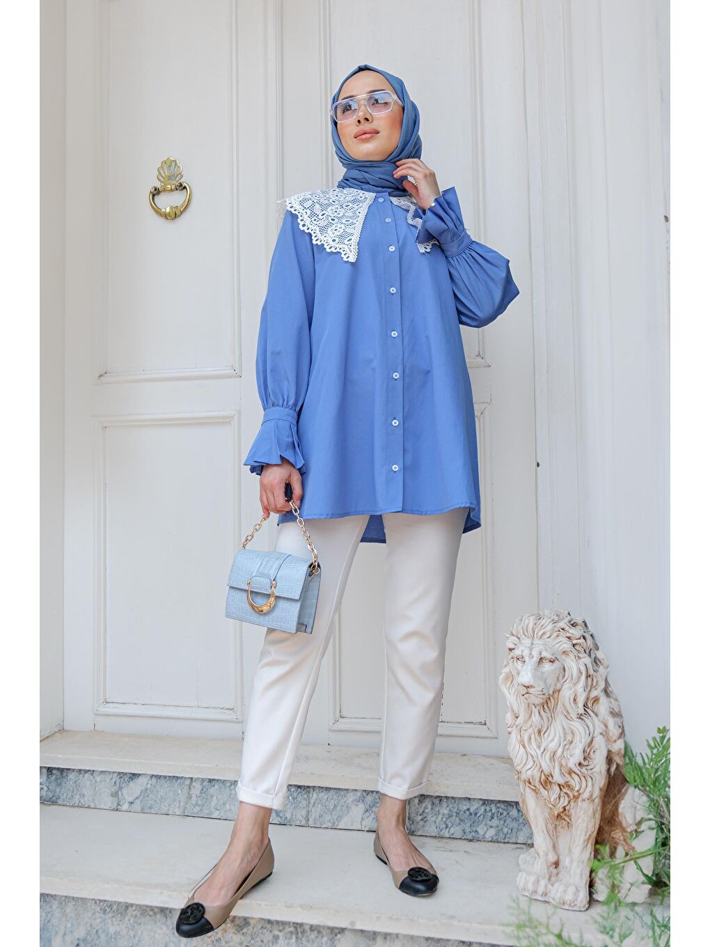 Kadın Dantel Detay Tesettür Kadın Gömlek Mavi-2