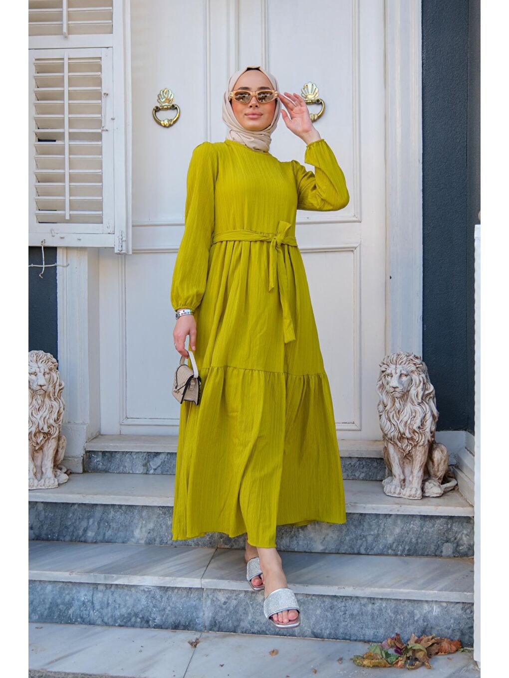 Bel Bağlamalı Kadın Elbise Yağ Yeşili-3