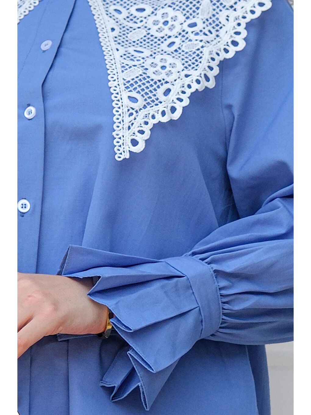 Kadın Dantel Detay Tesettür Kadın Gömlek Mavi-3