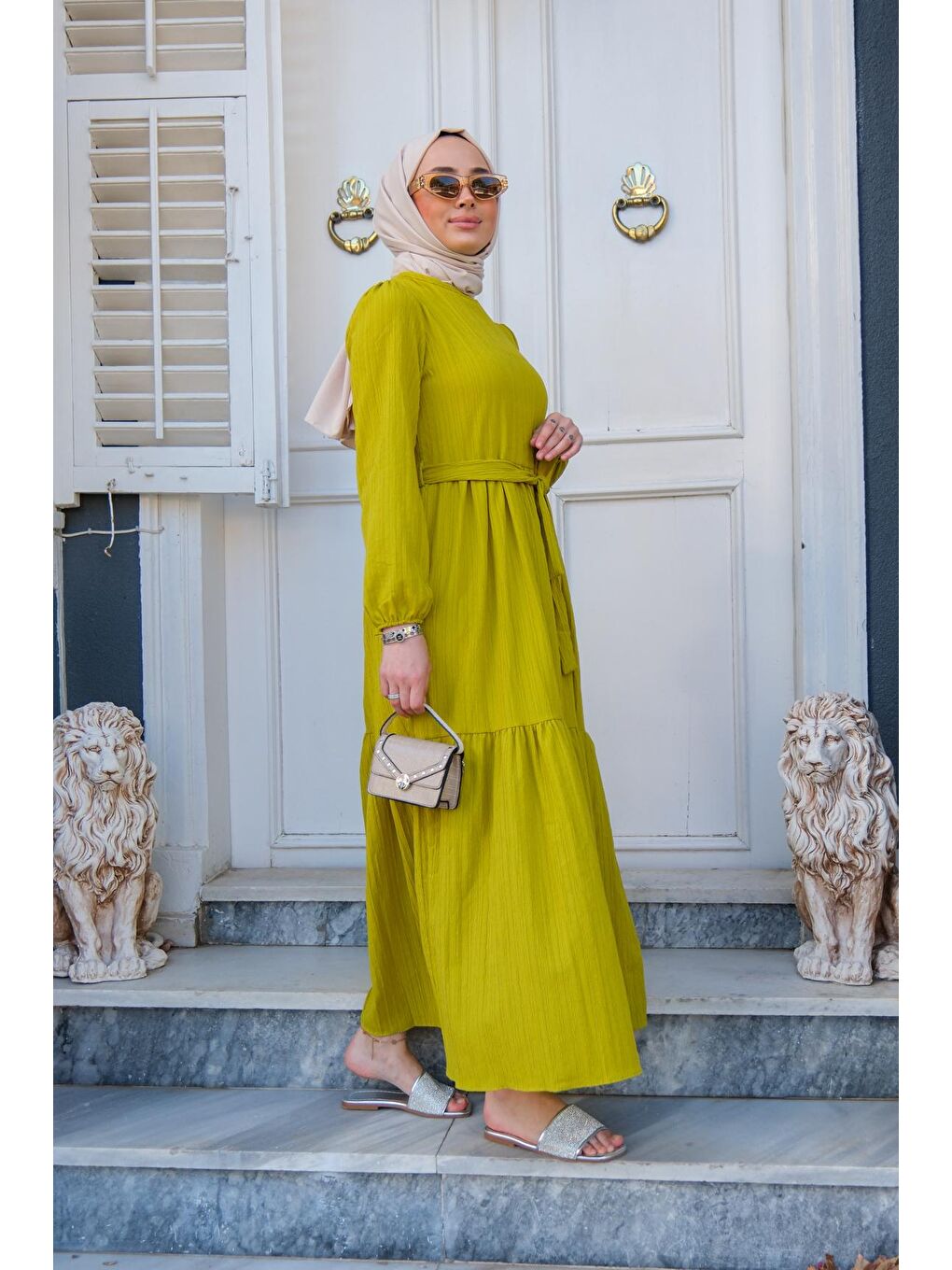 Bel Bağlamalı Kadın Elbise Yağ Yeşili-4