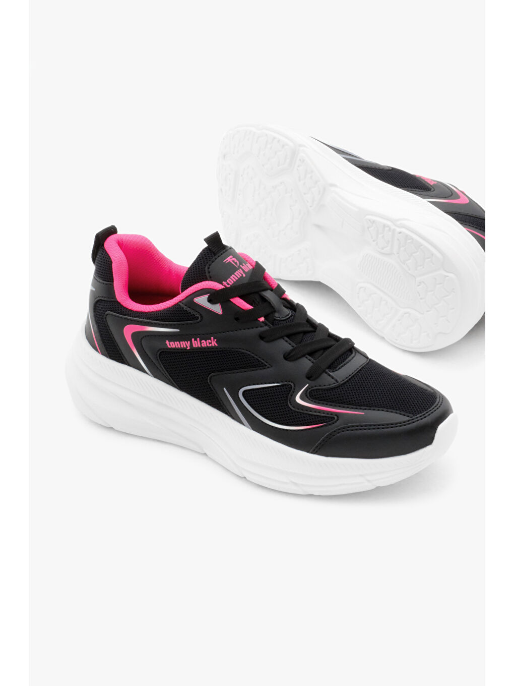 Unisex Siyah Fuşya Nefes Alabilen Kumaş Faylon Taban Bağcıklı Spor Ayakkabı-3