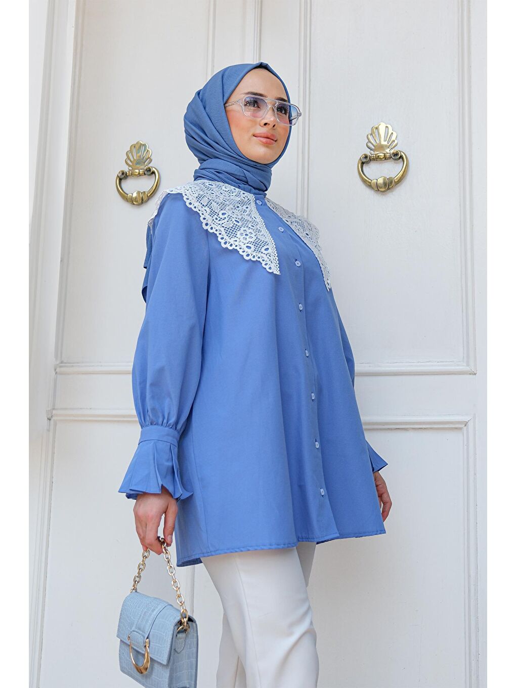 Kadın Dantel Detay Tesettür Kadın Gömlek Mavi-4