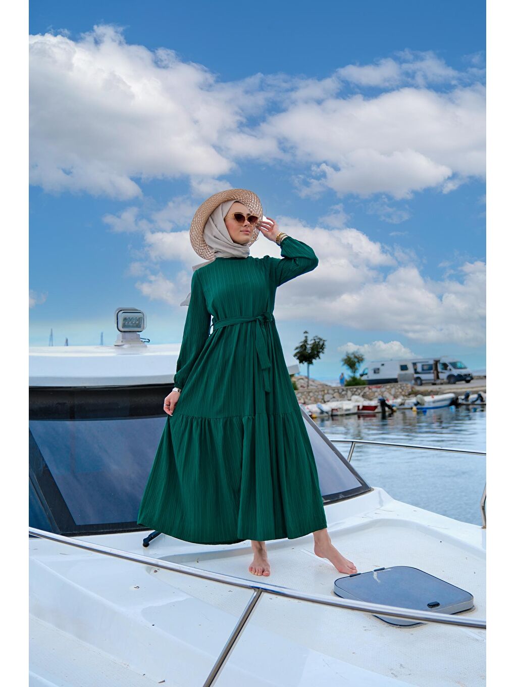 Bel Bağlamalı Kadın Elbise Zümrüt Yeşili-2