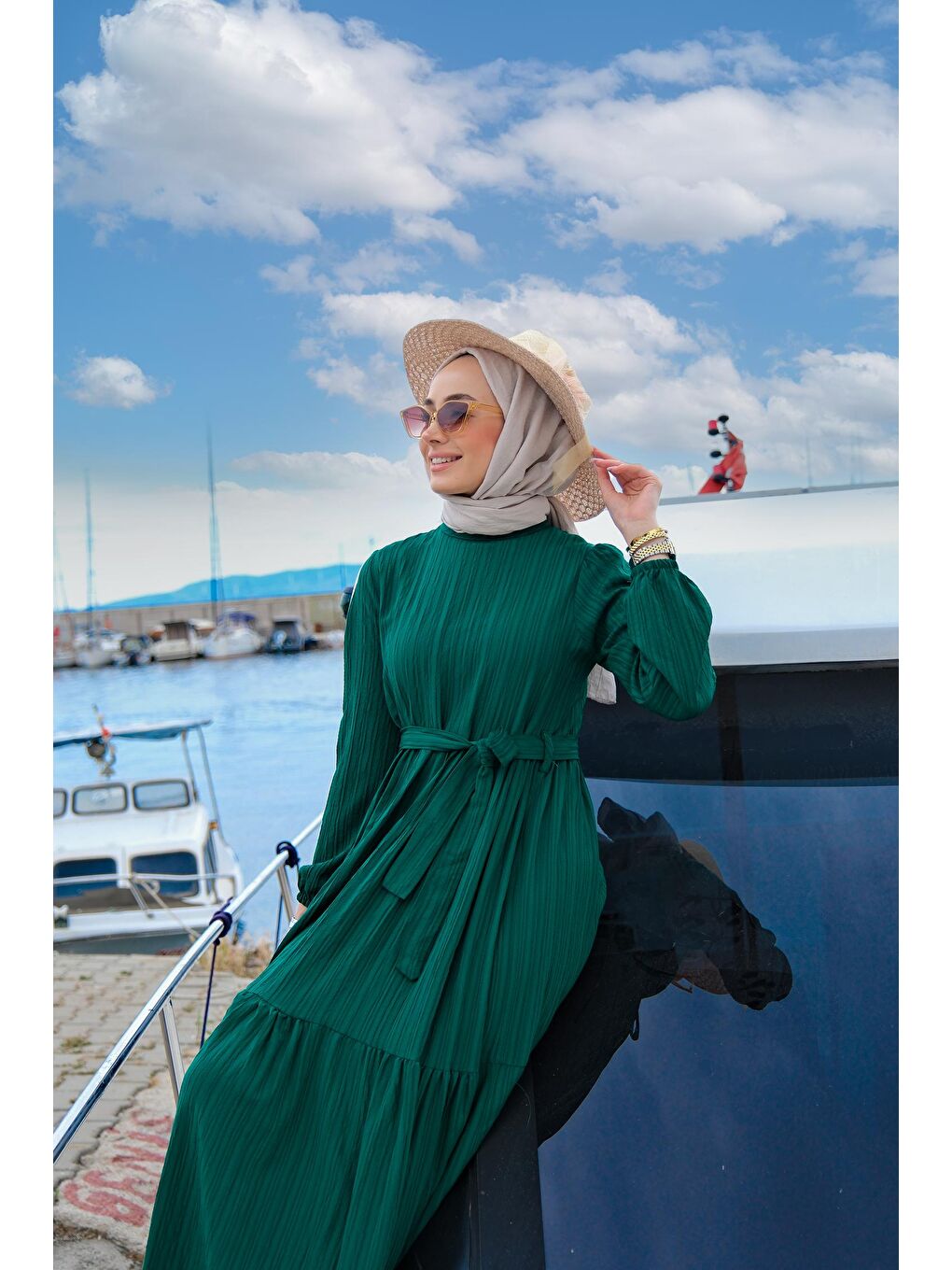 Bel Bağlamalı Kadın Elbise Zümrüt Yeşili-3