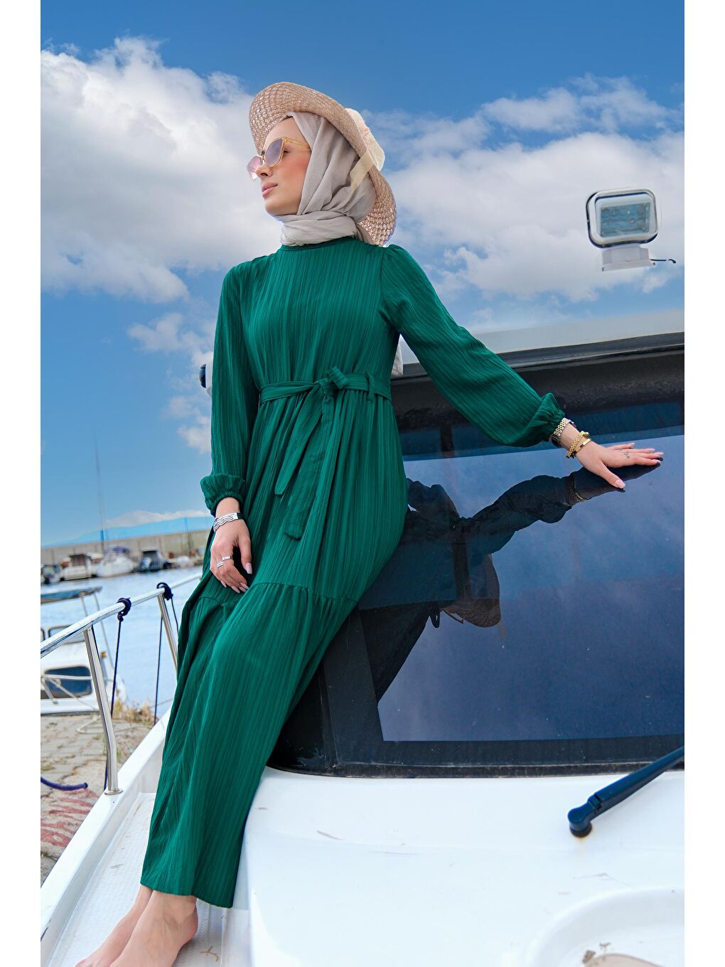 Bel Bağlamalı Kadın Elbise Zümrüt Yeşili-4