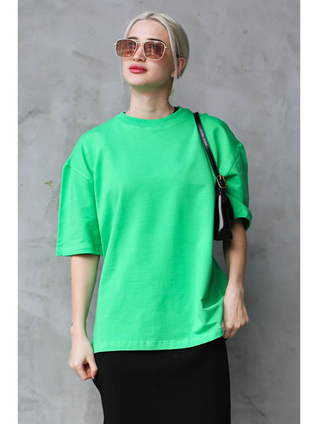 Yeşil Bisiklet Yaka Basic Oversize Tişört Mg1687-1