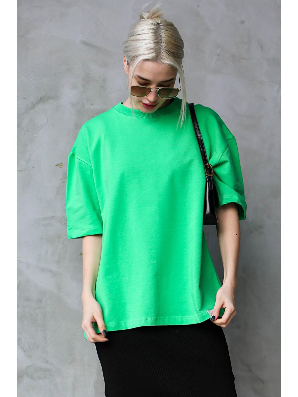 Yeşil Bisiklet Yaka Basic Oversize Tişört Mg1687-2