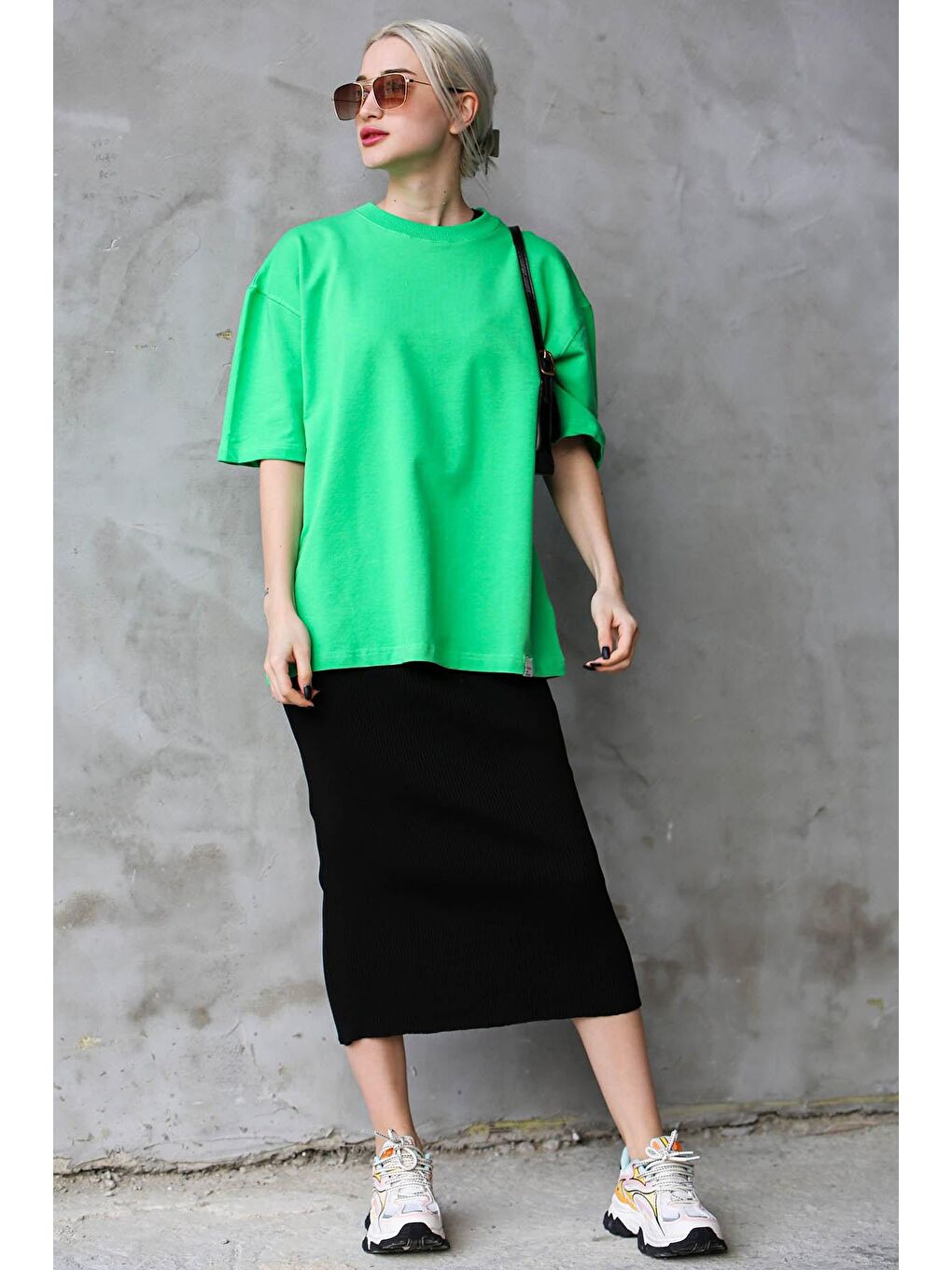 Yeşil Bisiklet Yaka Basic Oversize Tişört Mg1687-3