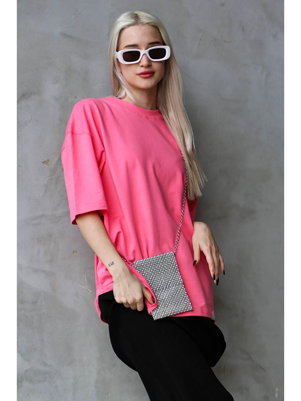 Pembe Bisiklet Yaka Basic Oversize Tişört Mg1687-1