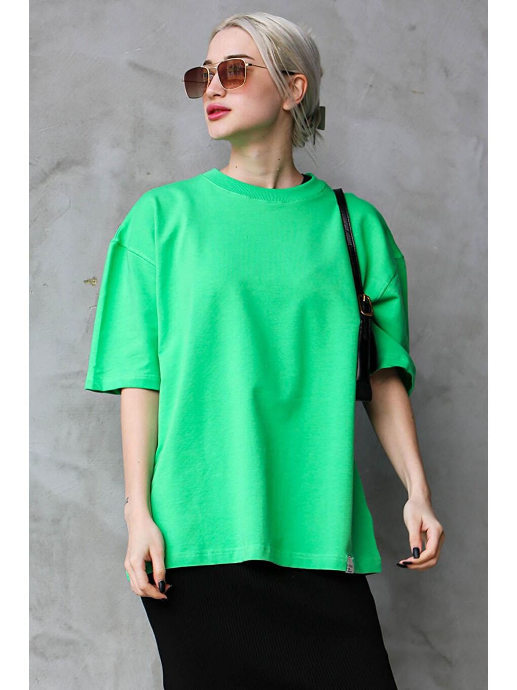 Yeşil Bisiklet Yaka Basic Oversize Tişört Mg1687-4