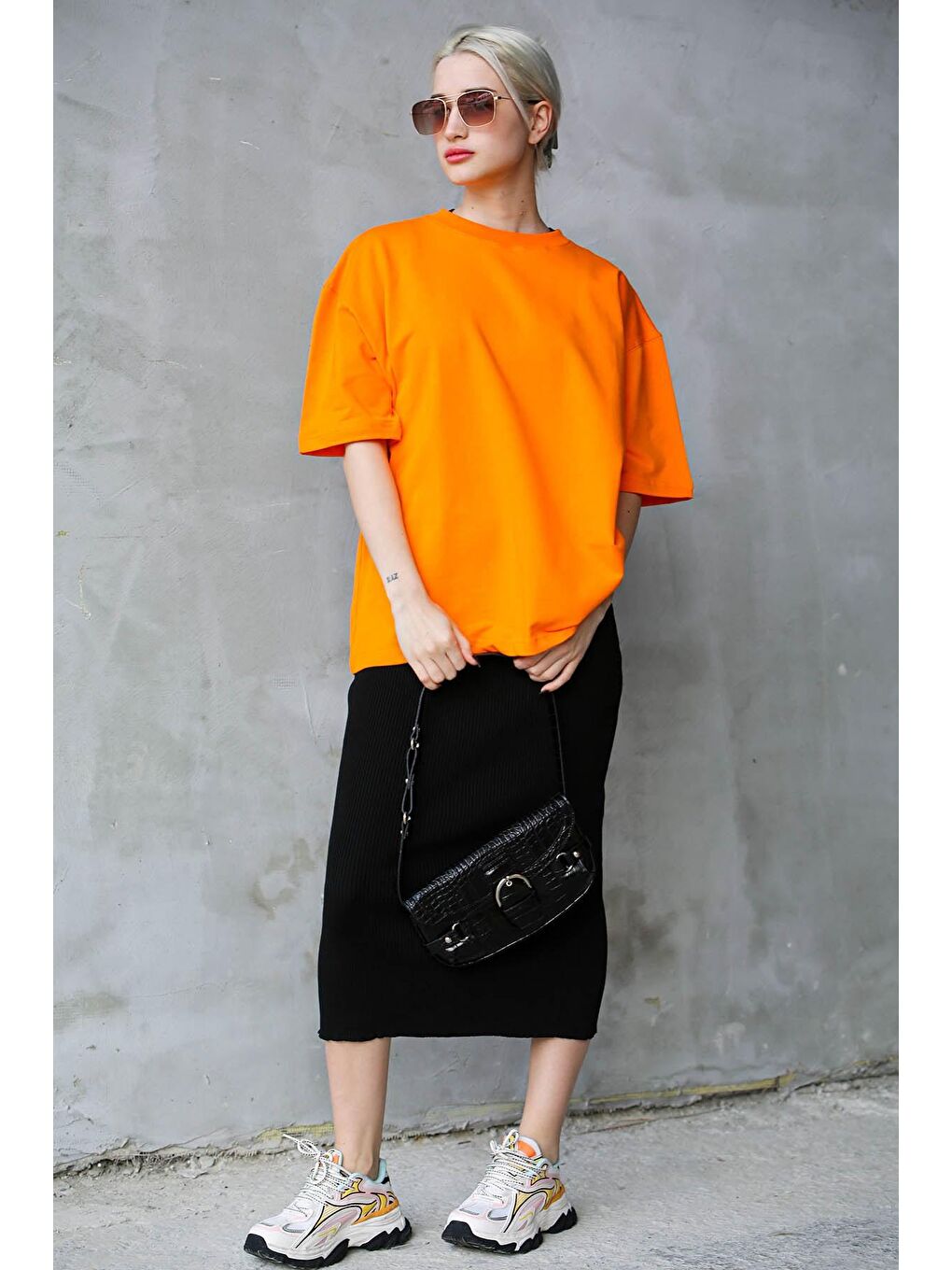 Turuncu Bisiklet Yaka Basic Oversize Tişört Mg1687-1