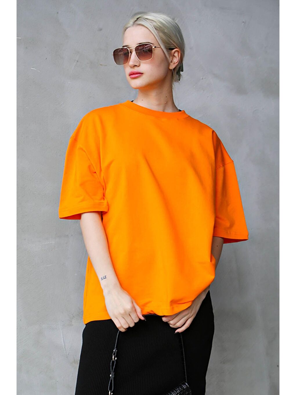 Turuncu Bisiklet Yaka Basic Oversize Tişört Mg1687-2
