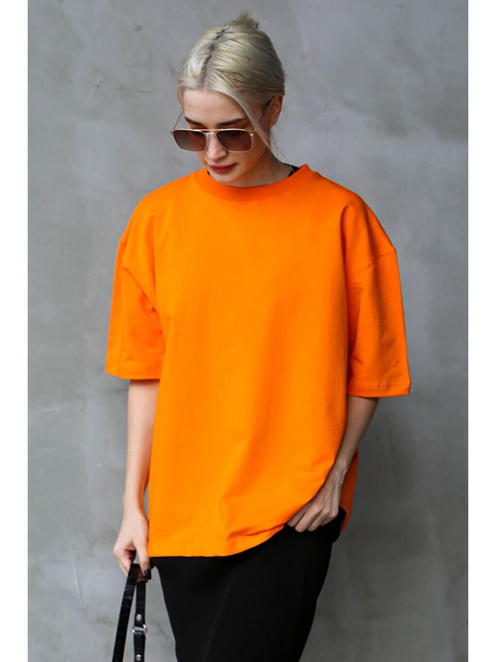 Turuncu Bisiklet Yaka Basic Oversize Tişört Mg1687-3