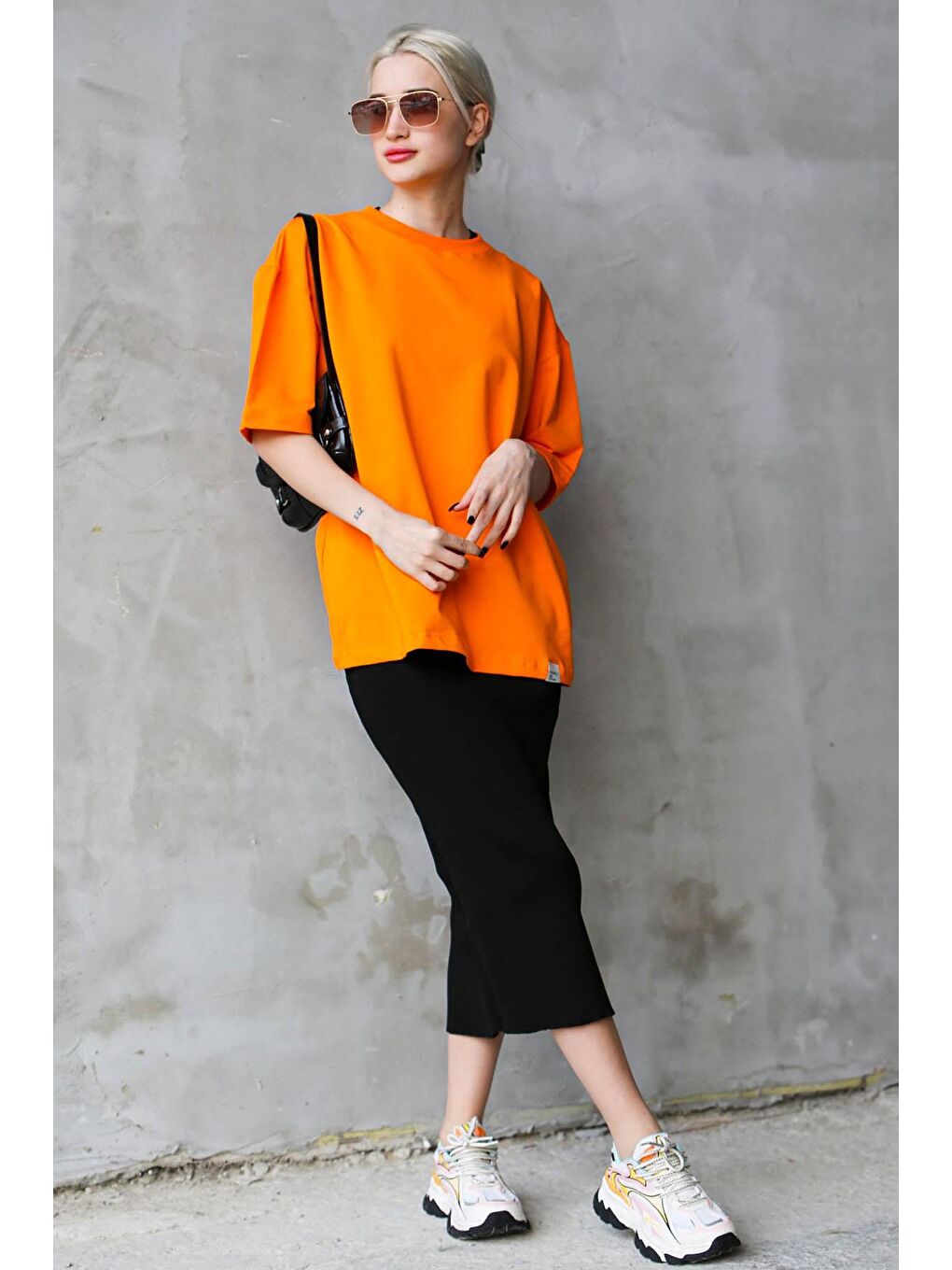 Turuncu Bisiklet Yaka Basic Oversize Tişört Mg1687-4