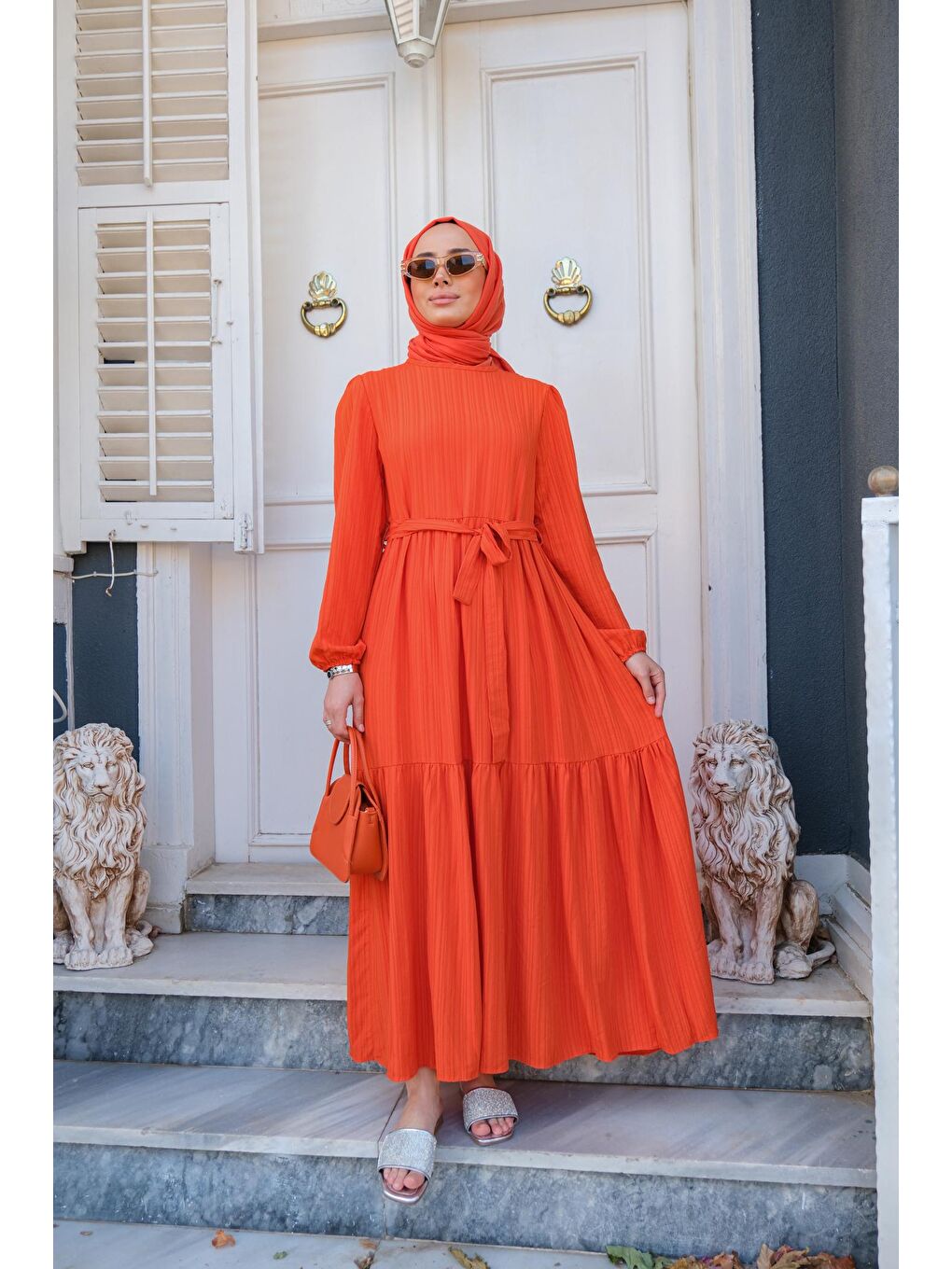 Bel Bağlamalı Kadın Elbise Turuncu-2