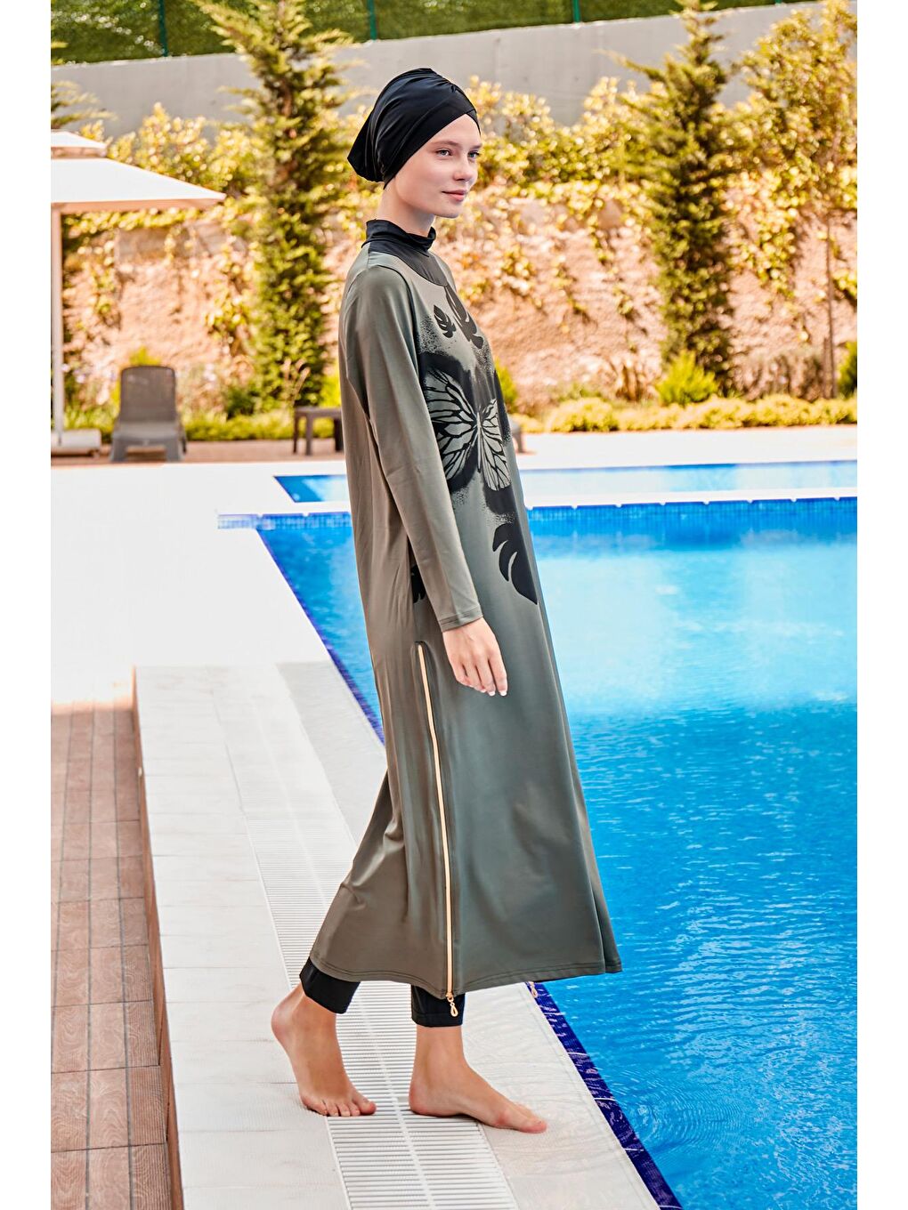 Fermuarlı 4’lü Haki Yaprak Desenli Tam Kapalı Tesettür Mayo M2021-1