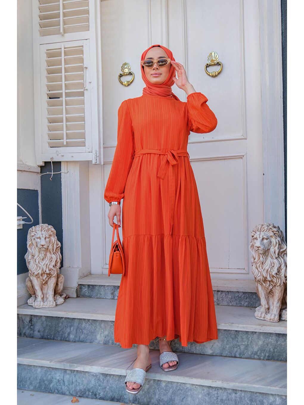 Bel Bağlamalı Kadın Elbise Turuncu-3