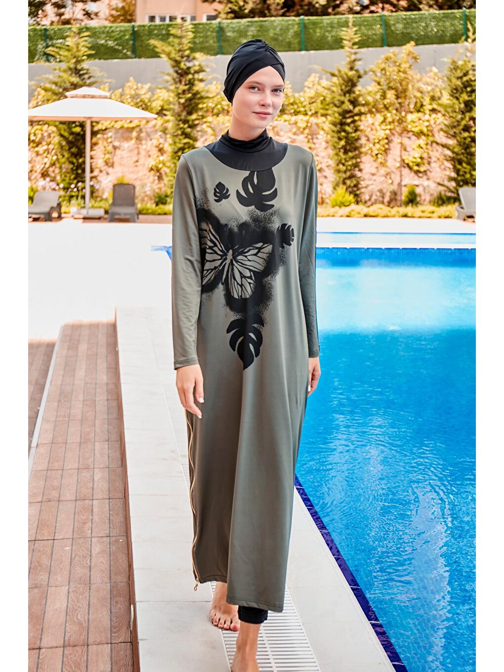 Fermuarlı 4’lü Haki Yaprak Desenli Tam Kapalı Tesettür Mayo M2021-3