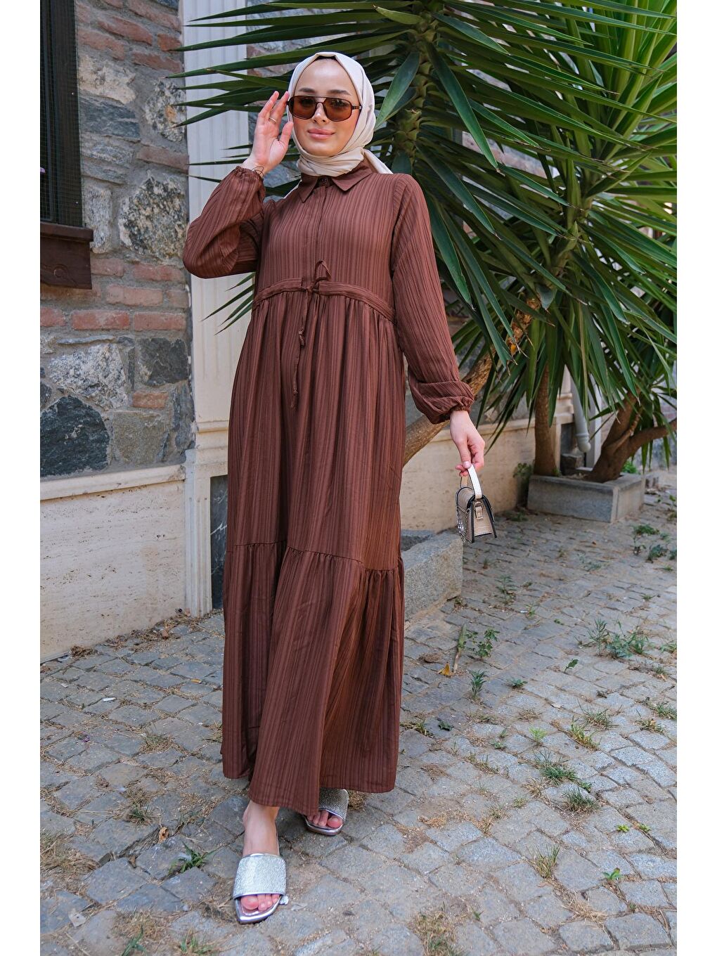 Bel Büzgülü Kadın Elbise Kahverengi-1
