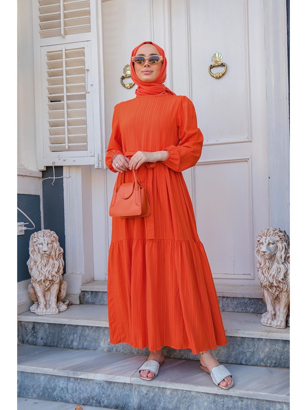 Bel Bağlamalı Kadın Elbise Turuncu-4