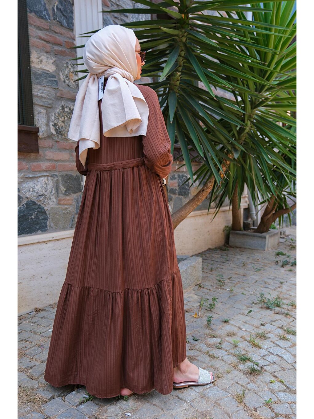 Bel Büzgülü Kadın Elbise Kahverengi-3