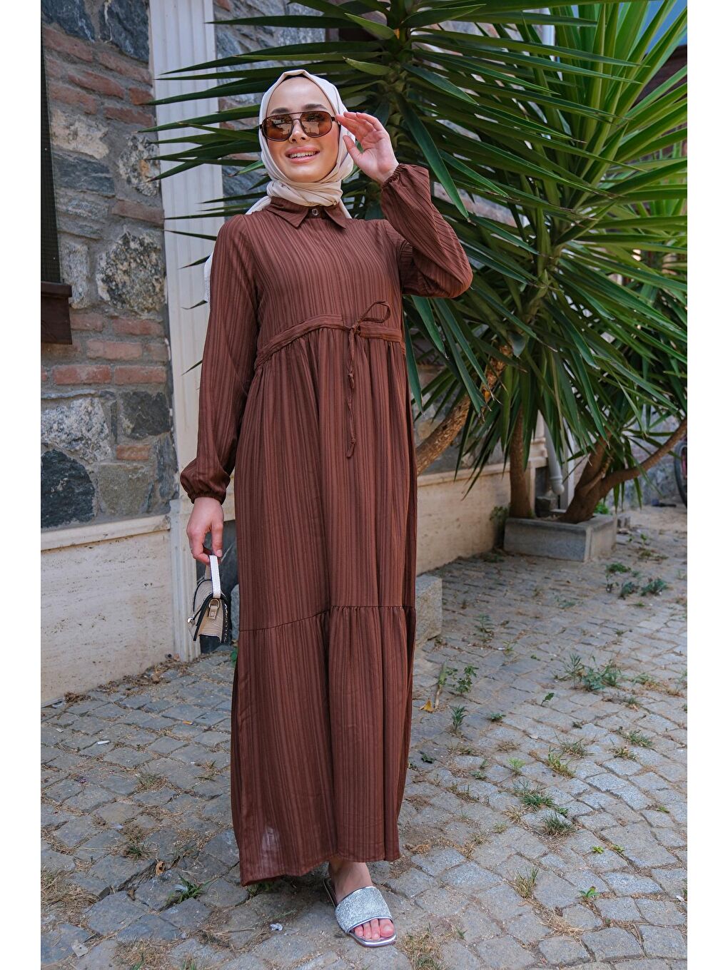 Bel Büzgülü Kadın Elbise Kahverengi-4