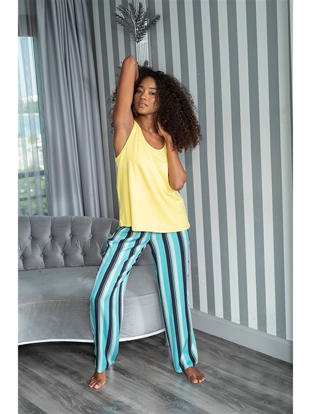 2'Li Çizgili Viskon Sarı Atlet Pijama Takımı-1