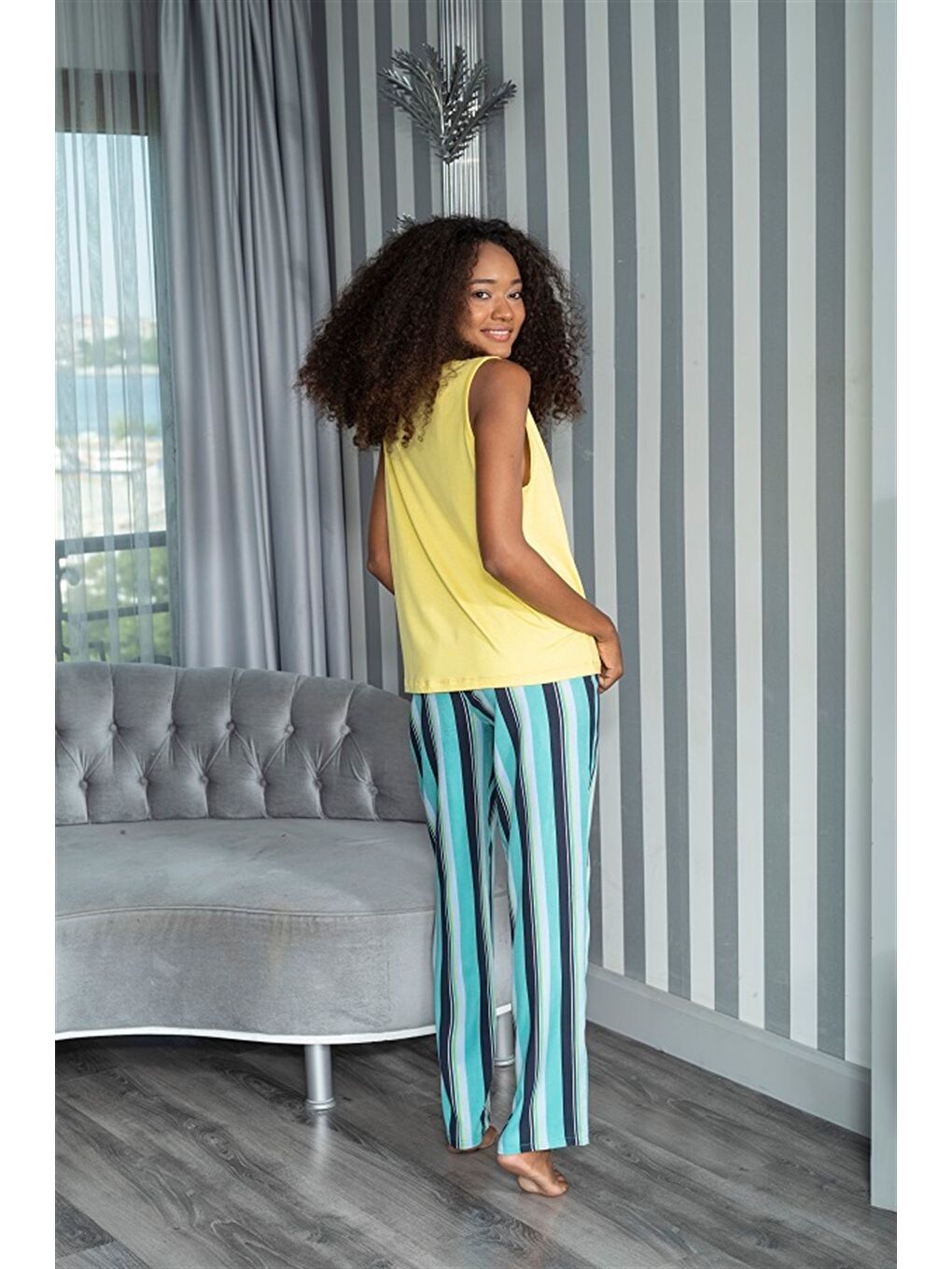 2'Li Çizgili Viskon Sarı Atlet Pijama Takımı-4