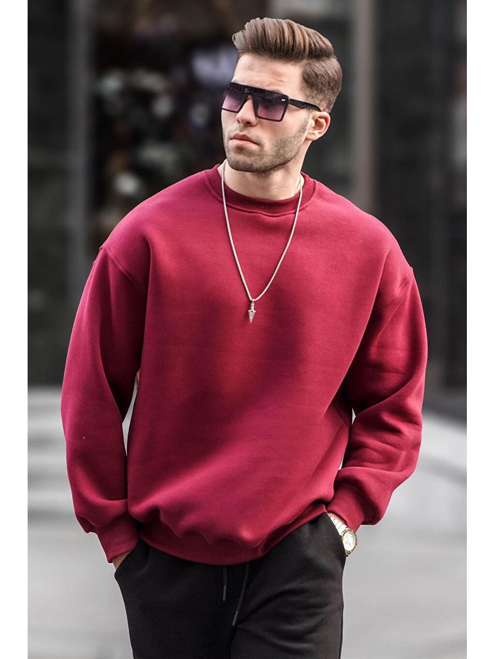 Madmext Bordo Bisiklet Yaka Oversize Şardonlu Basic Erkek Sweatshirt 6048