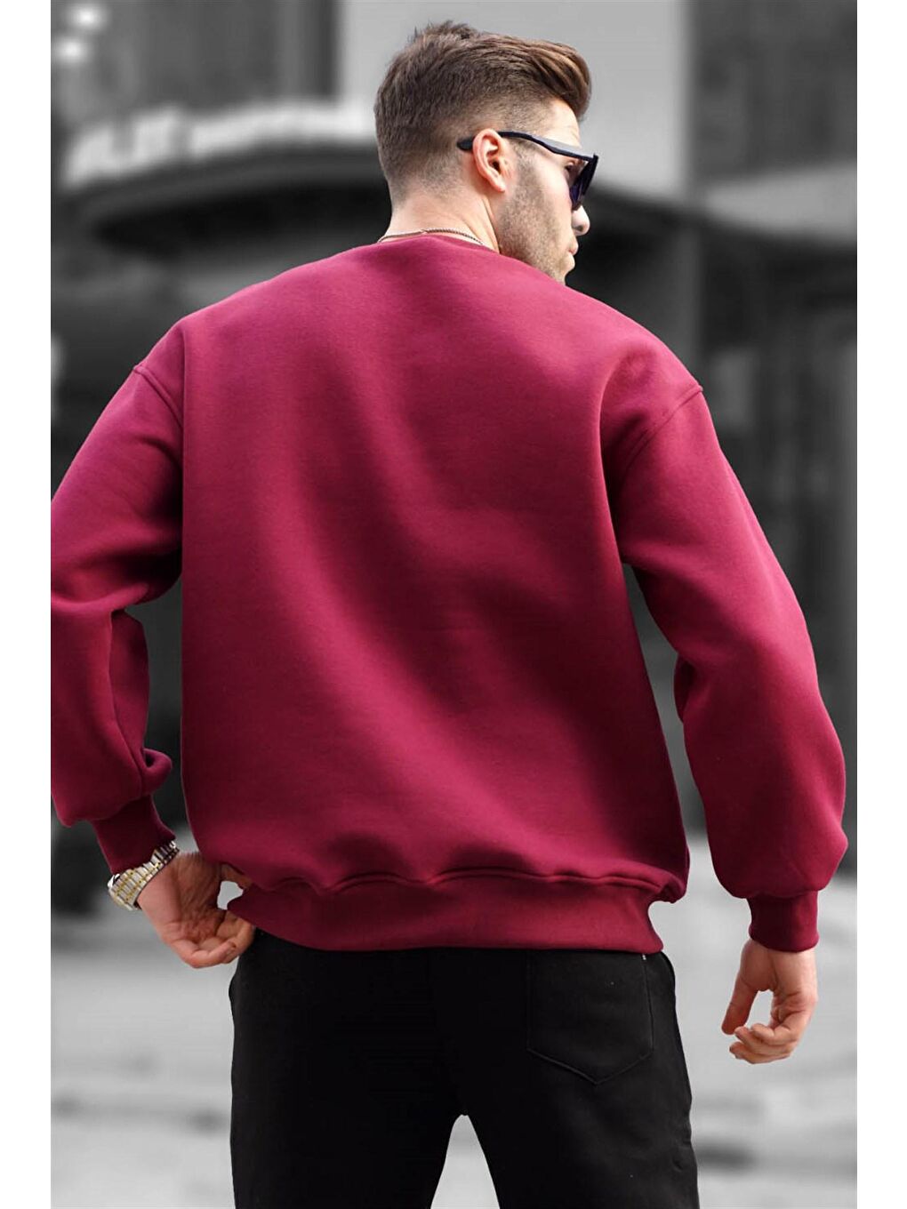 Madmext Bordo Bisiklet Yaka Oversize Şardonlu Basic Erkek Sweatshirt 6048 - 1