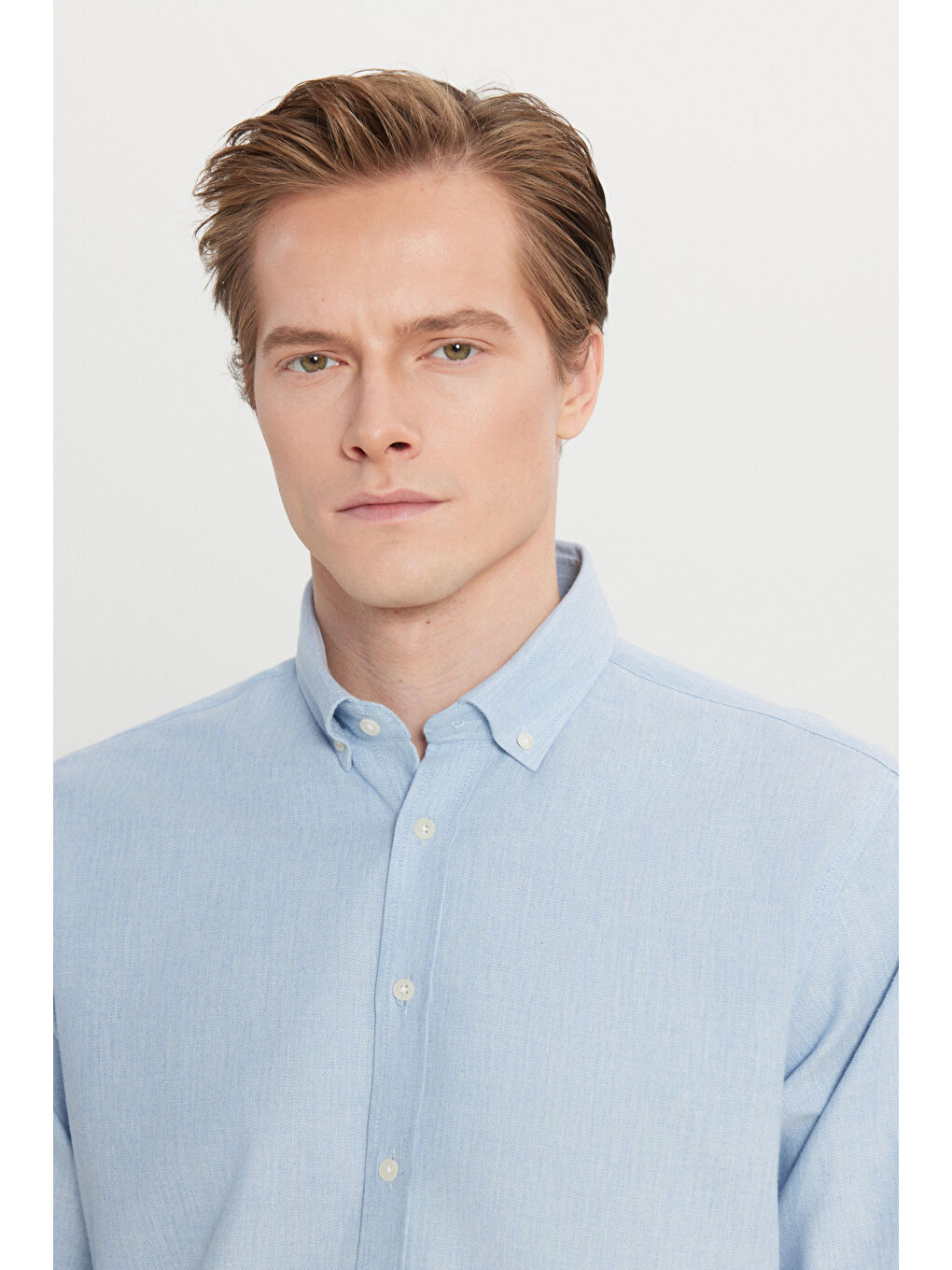 Erkek Mavi %100 Pamuk Comfort Fit Rahat Kesim Düğmeli Yaka Balıksırtı Desenli Gömlek-3