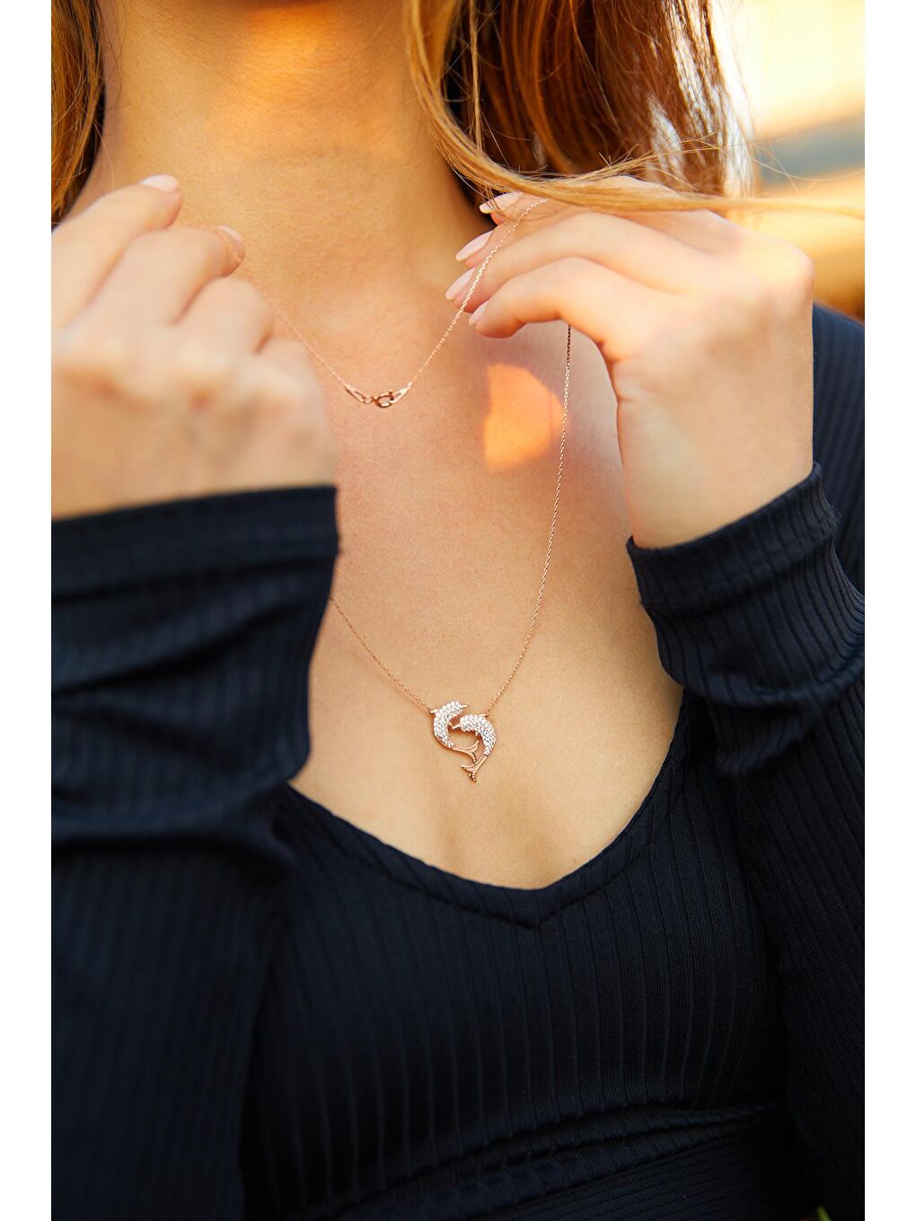 Kahverengi Kadın Rose Kaplama 925 Ayar Gümüş Taşlı Yunus Kolye-1