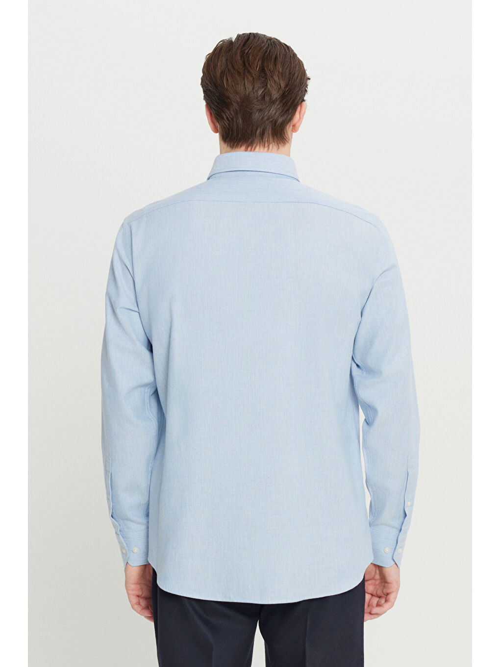 Erkek Mavi %100 Pamuk Comfort Fit Rahat Kesim Düğmeli Yaka Balıksırtı Desenli Gömlek-4