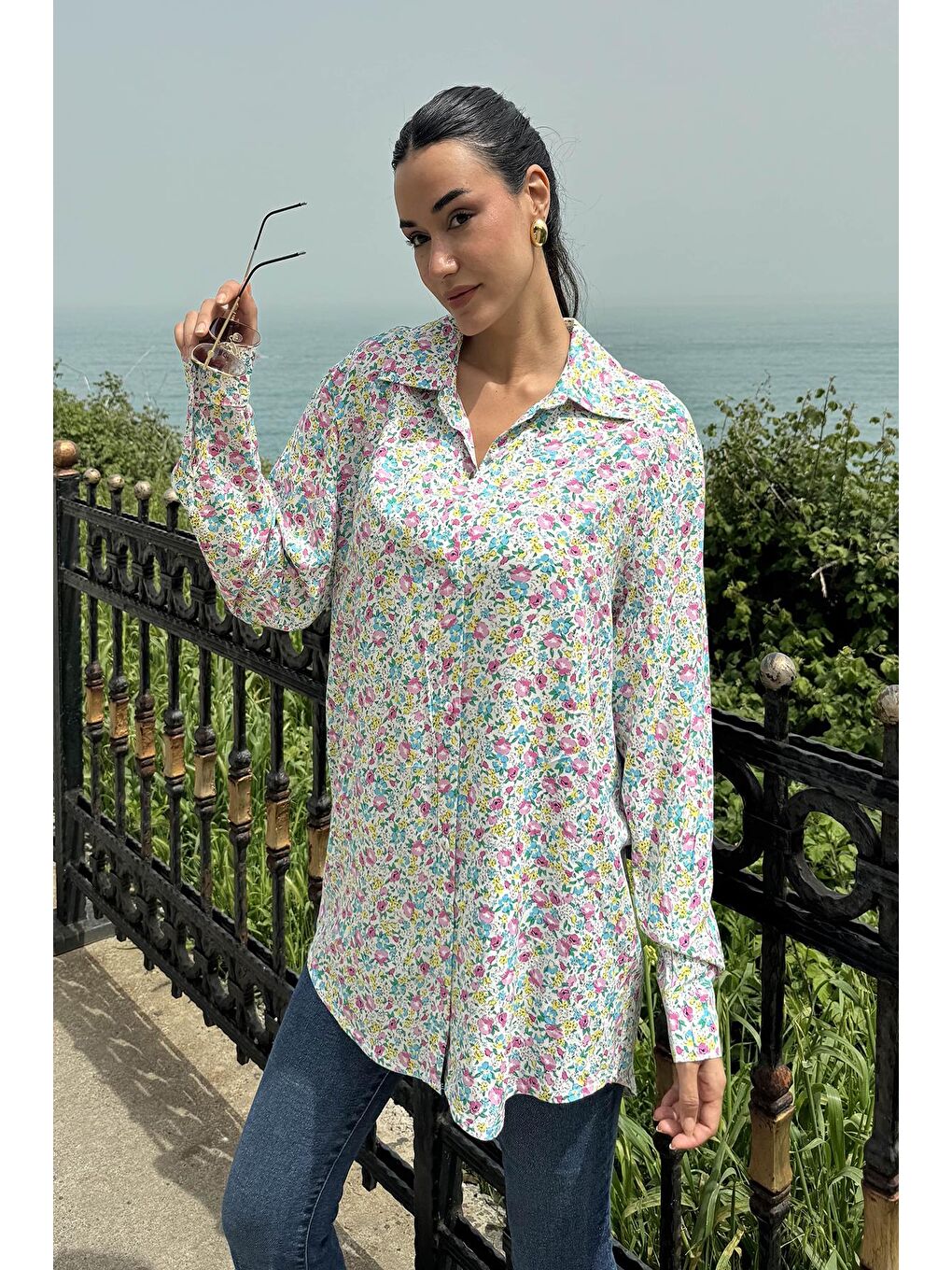 Çiçek Desen Pembe Mavi Viskon Gömlek-3