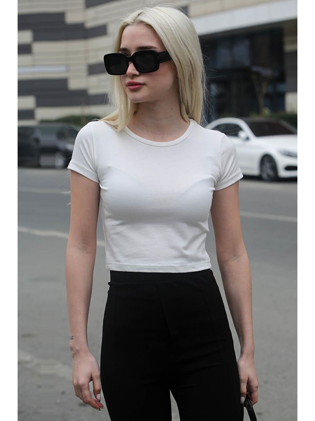 Beyaz Basic Kadın Tişört / Vücuda Oturan Kesim Mg1681-4