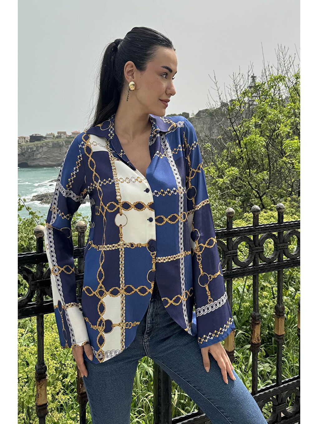 Mavi Zincir Desenli Saks Gömlek-3