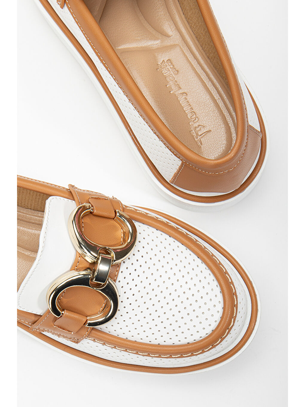 Kadın Beyaz Taba Rahat Kalıp Önü Tokalı Kalın Taban Loafer-2