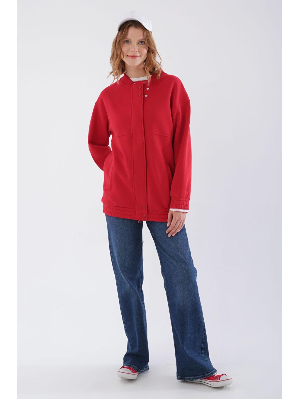 Kırmızı Çıtçıtlı Fermuarlı Şardonlu Hırka-1