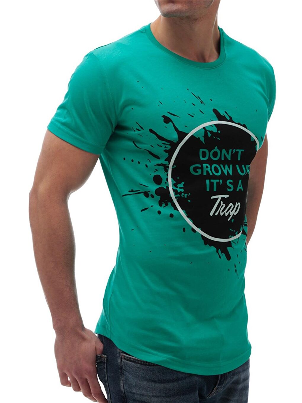 Baskılı Bisiklet Yaka Yeşil Tişört 2892-2