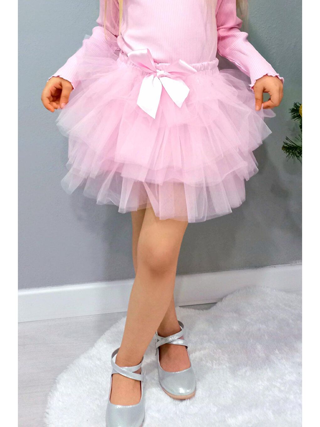 Kız Çocuk Tütü Etek Tül Detaylı Katlı Fiyonk Aksesuarlı Pembe (4-8 Yaş)