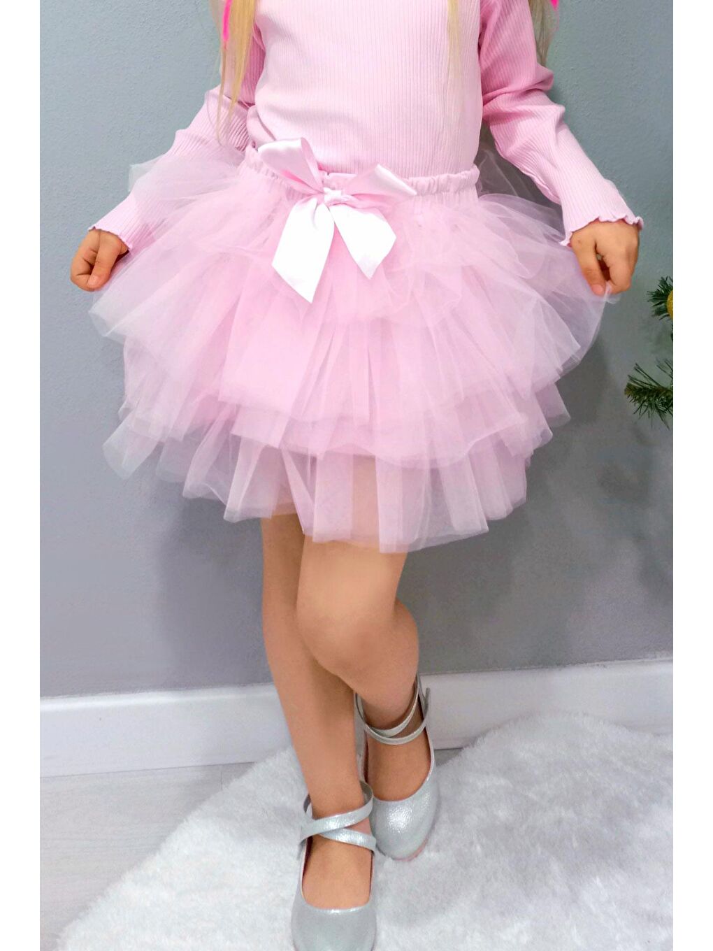 Kız Çocuk Tütü Etek Tül Detaylı Katlı Fiyonk Aksesuarlı Pembe (4-8 Yaş)-1