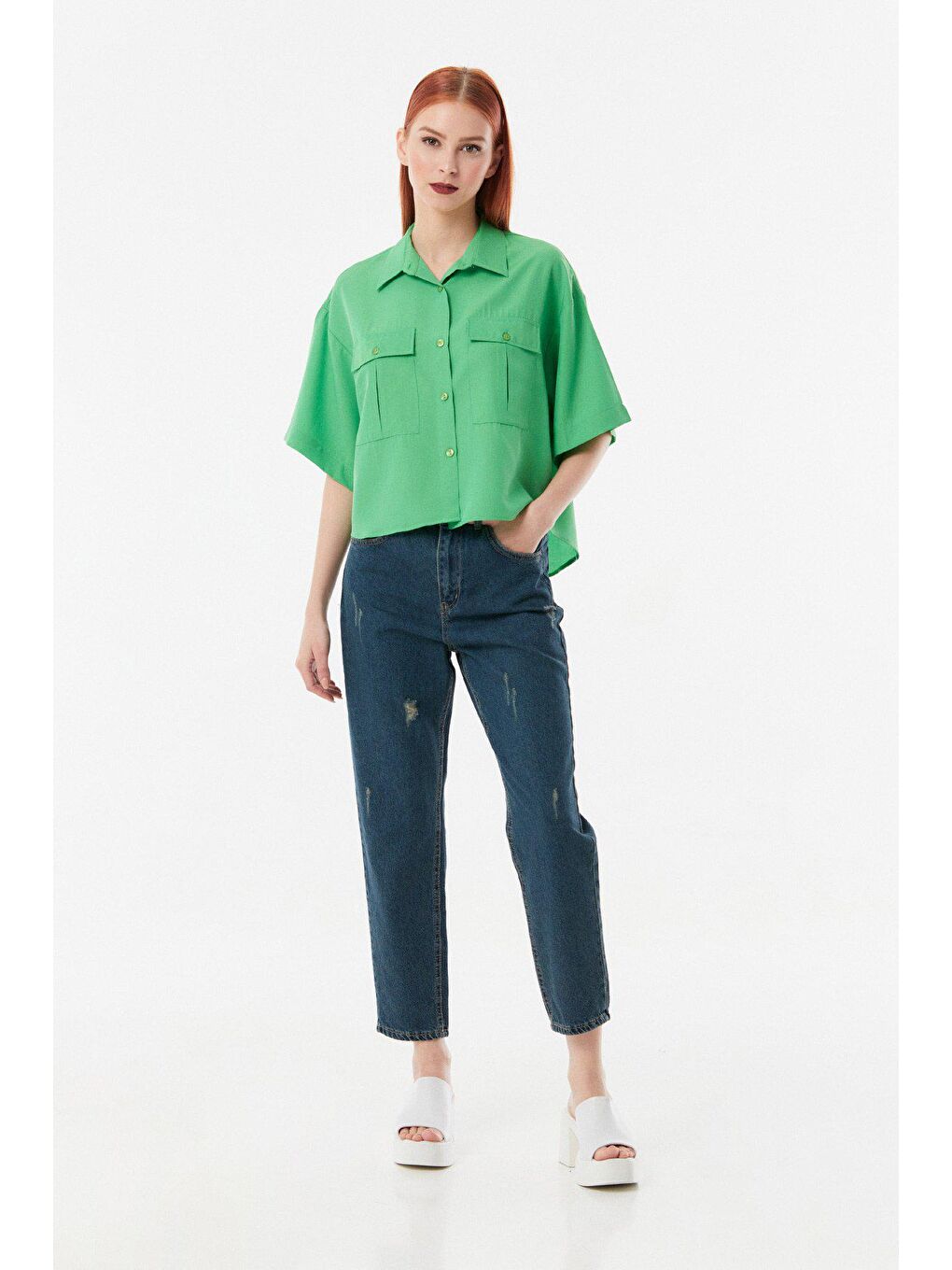 Yeşil Arkası Uzun Önü Kısa Çift Cepli Salaş Gömlek-1